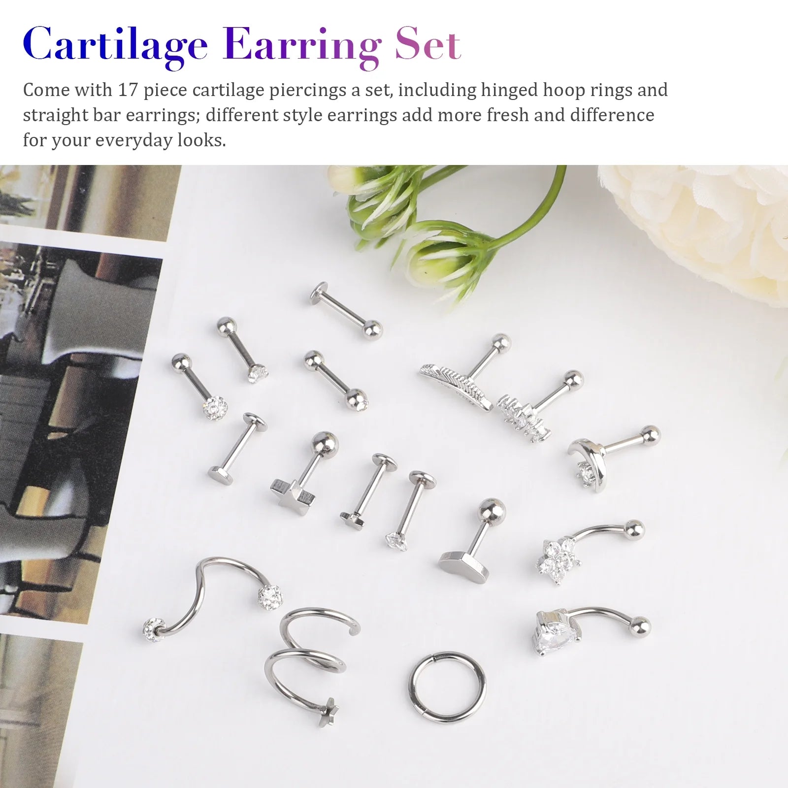 17Pcs Cartilage Hoop Earrings for Women,  16G Surgical Steel Tragus Earrings, Hinged Hoop Rings and Straight Bar Earrings Set, Stud Monroe Lip Rings Studs Rook Conch Earring Hoop Piercing Jewelry