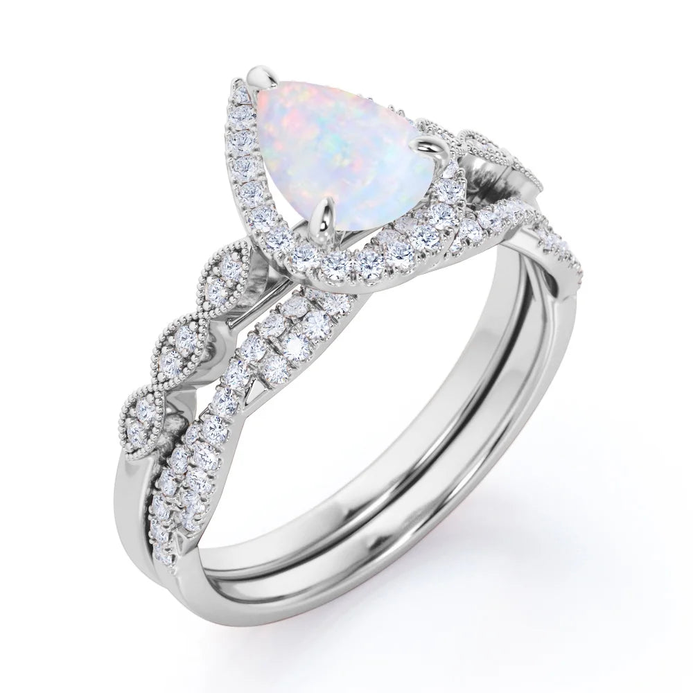 1.5 Carat Pear Cut Birthstone Opal and Moissanite Ring