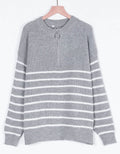 Womens Pullover Sweaters Zip down Casual Loose Sweaters Stripe Print Warm Sweaters