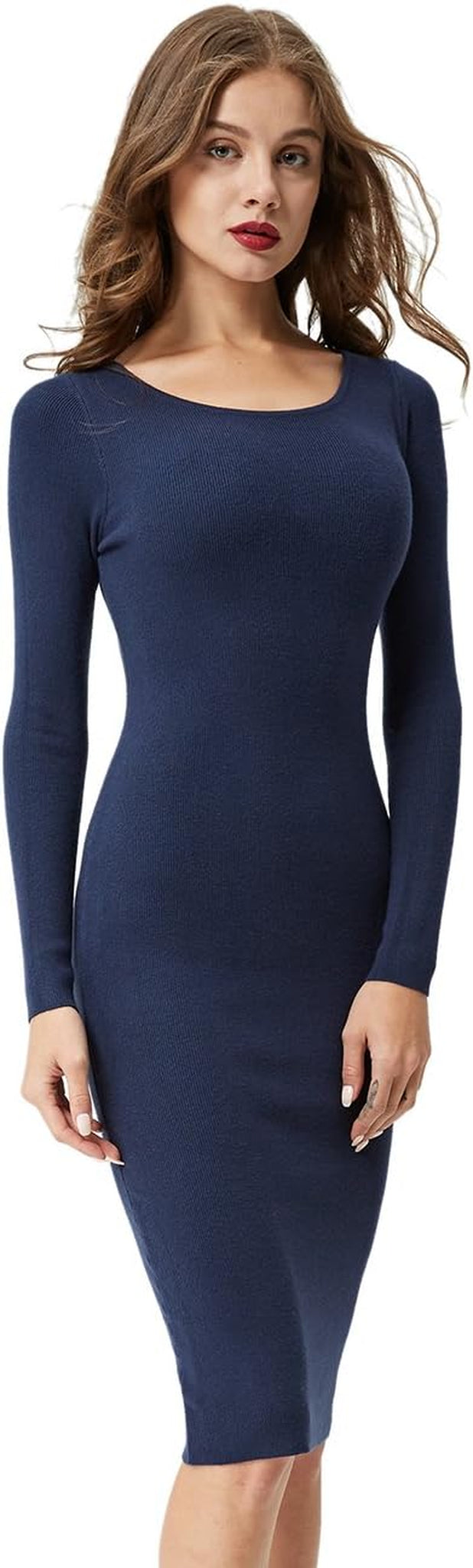 Women'S Knee Length Long Sleeve Knitted Ribbed Screw Neck Bodycon Winter Sweater Dresses 2616