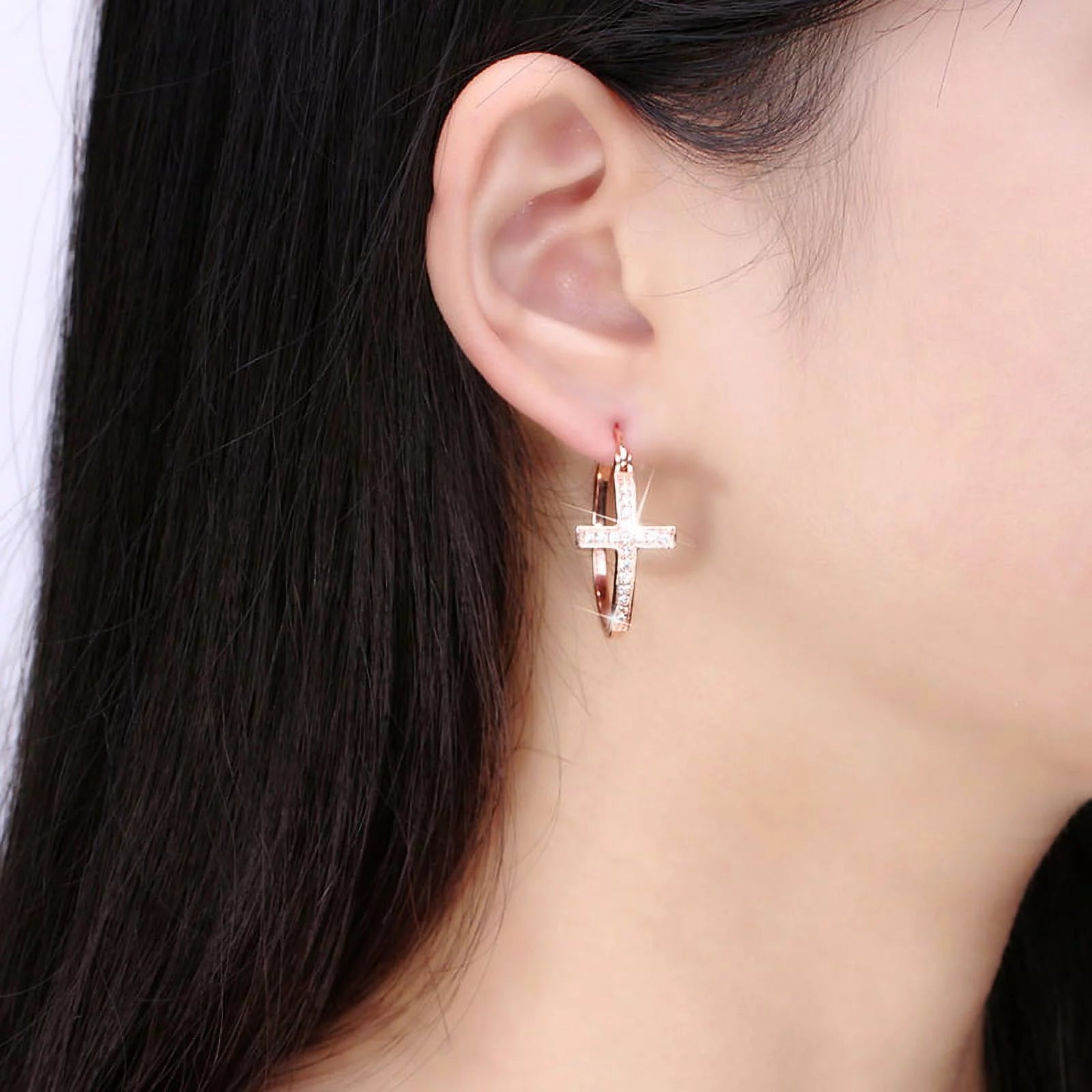 Cross Hoop Earrings for Women Religious Jesus Cubic Zirconia