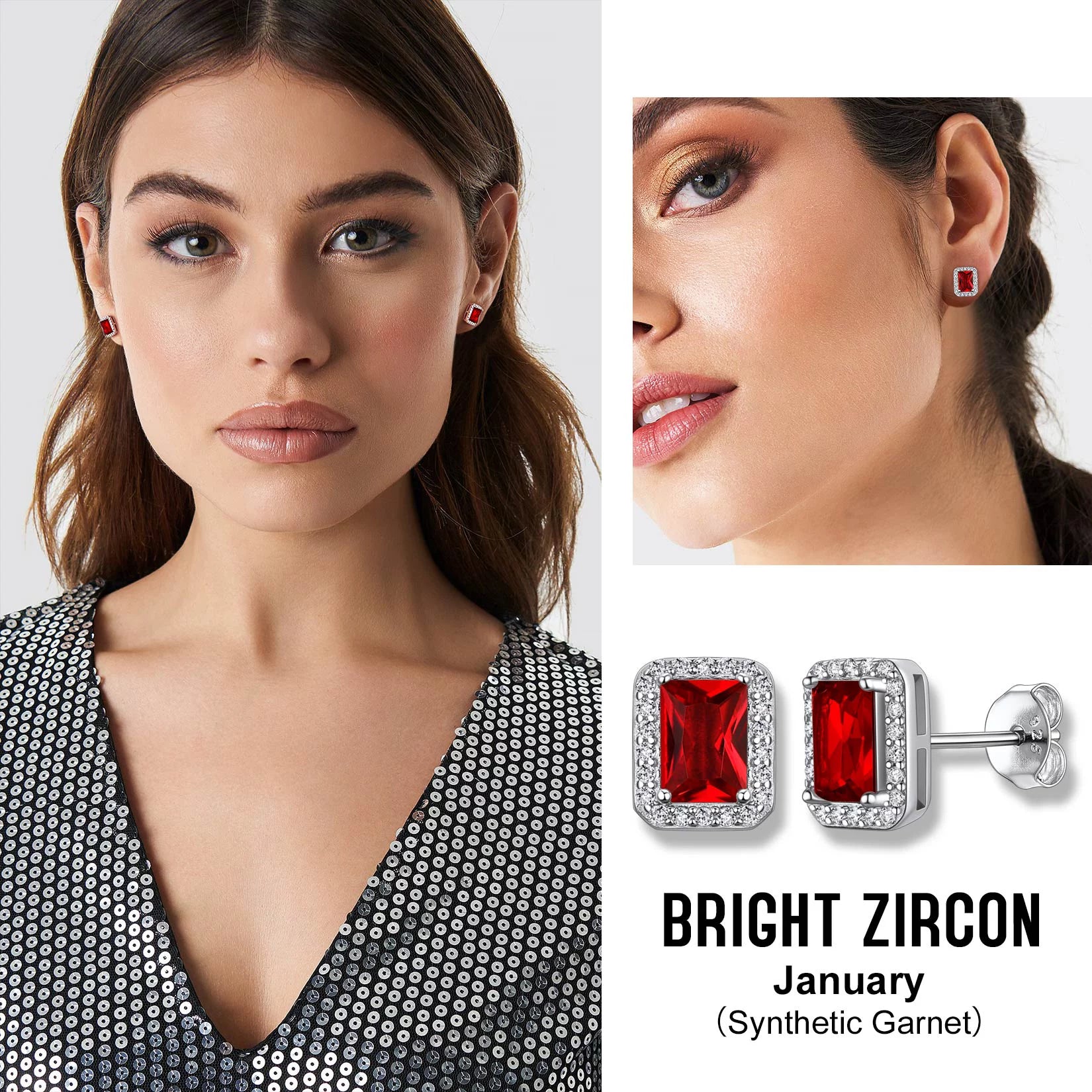 Square Diamond Stud Earrings January Garnet Birthstone Earrings, Sterling Silver Earrings Birthday Jewelry Gift for Women