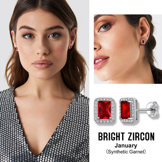 Square Diamond Stud Earrings January Garnet Birthstone Earrings, Sterling Silver Earrings Birthday Jewelry Gift for Women