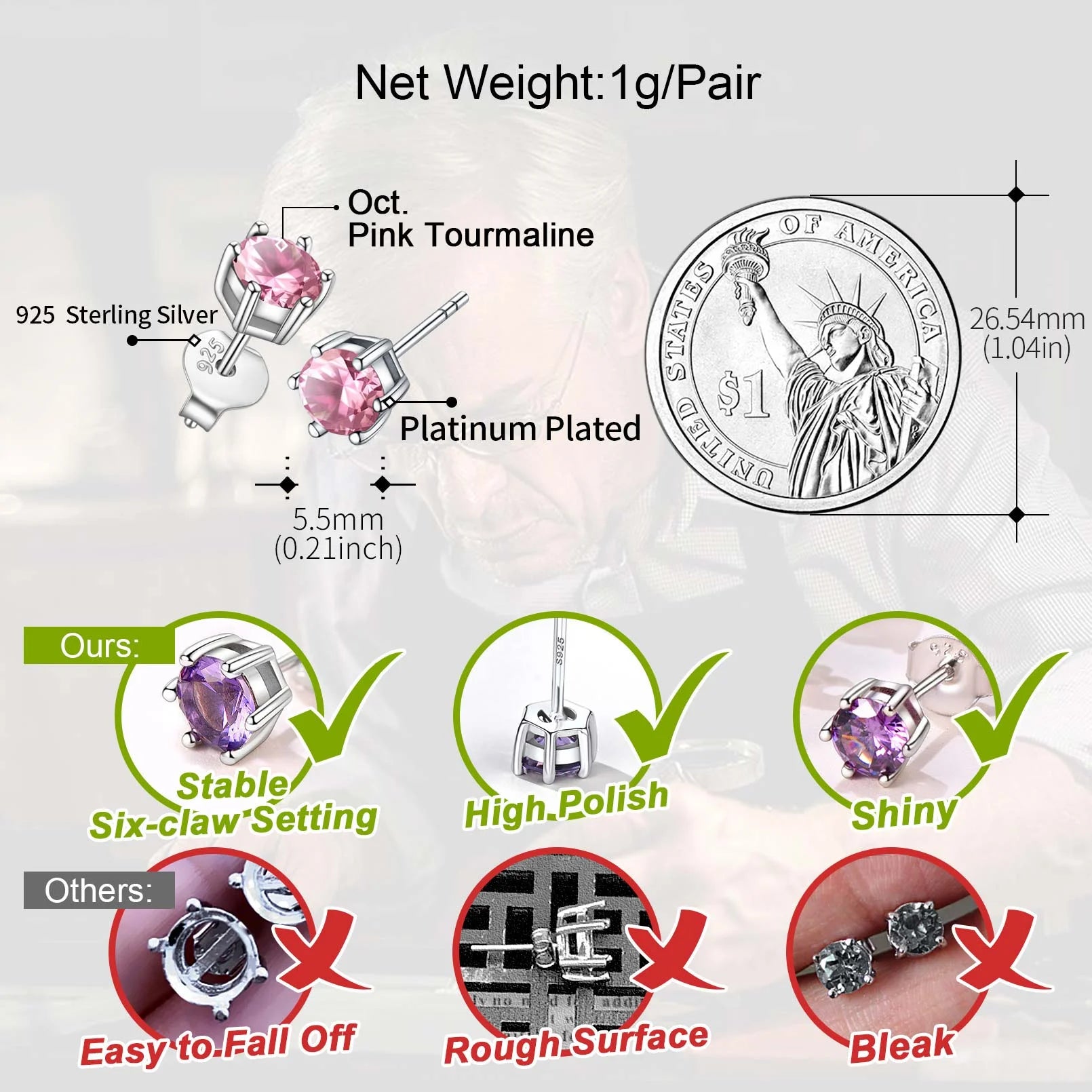 925 Sterling Silver round Stud Earrings for Women October Pink Tourmaline Birthstone Earrings Jewelry Gift for Mother Birthday Christmas