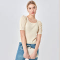 Women'S Short Sleeve Square Collar T-Shirt Puff Sleeve Knit Rib Crop Tops Solid Color Casual Tee