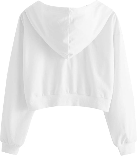 Women Cute Twist Front Drawstring Crop Top Sweatshirt Cropped Hoodie White S