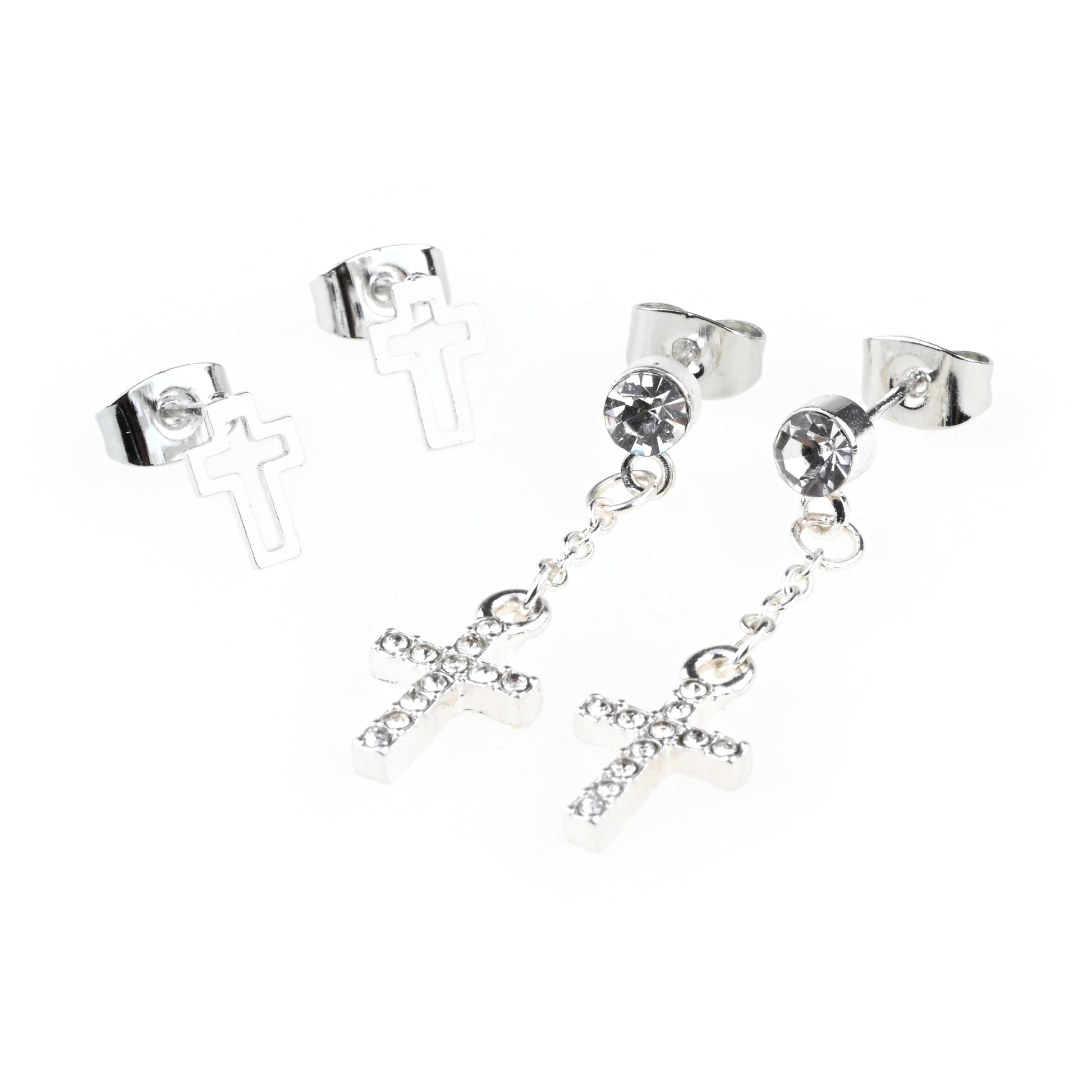 Tween Silver and Rhinestone Cross Earring Set, Stud and Dangle Earrings, 4 Pieces