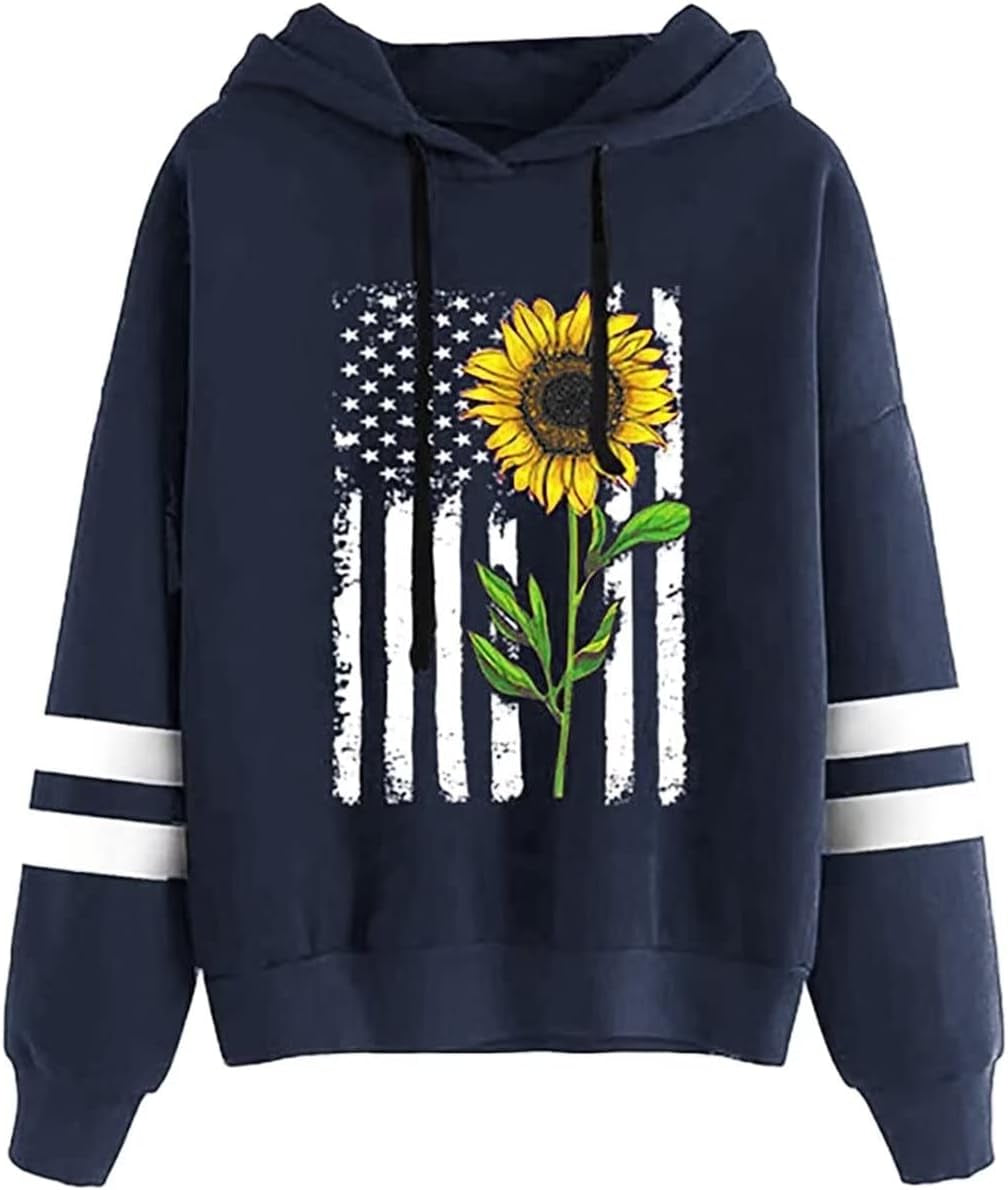 Women Sunflower Print Sweatshirts Color Block Long Sleeve Hoodies Lightweight Drawstring Pullover Tops