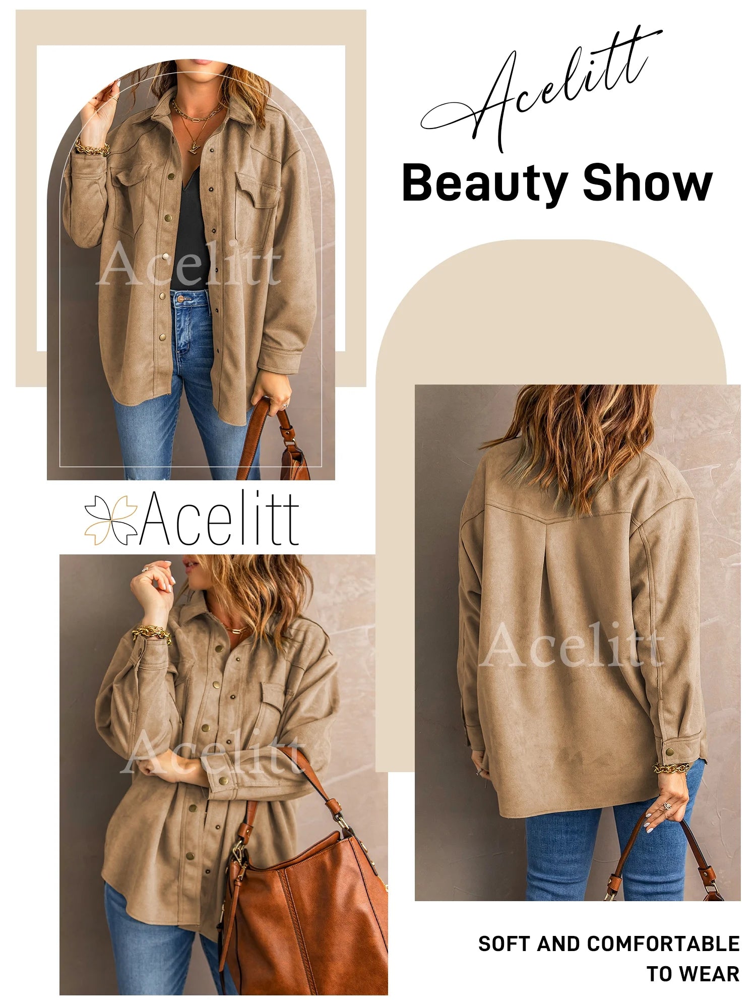 Casual Faux Suede Jacket Coats Pockets Shacket Jacket for Women