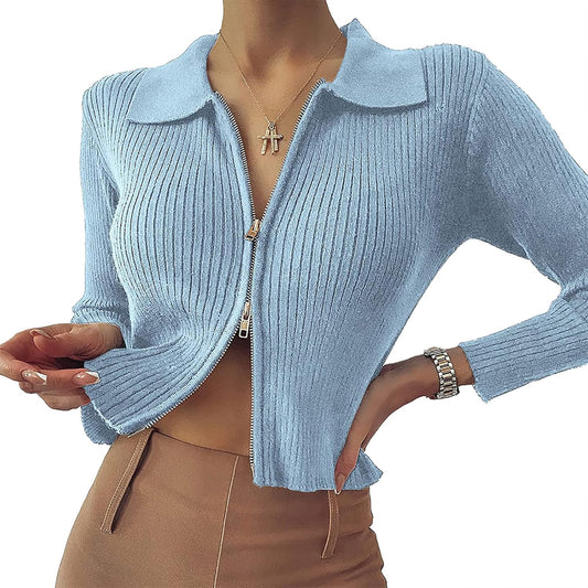 Women'S V Neck Ribbed Button up Cardigan Solid Knitwear Long Sleeve Surplice Crop Tops Sweaters