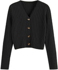 Women'S V Neck Ribbed Button up Cardigan Solid Knitwear Long Sleeve Surplice Crop Tops Sweaters