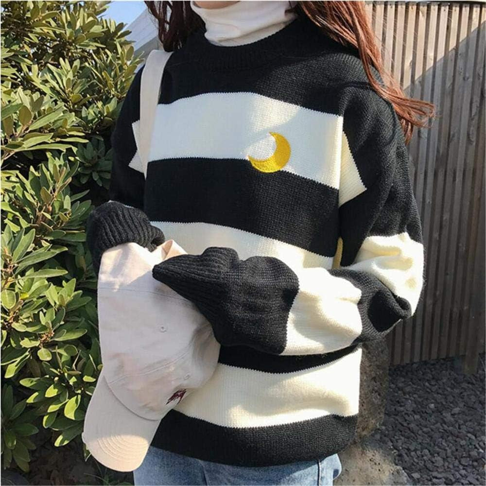 Women Kawaii Ulzzang College Wind Candy Contrast Striped Moon Sweater Clothing