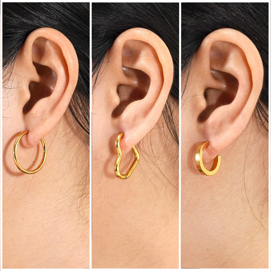 3 Pairs Women Earrings Multipack Gift Set in Yellow Gold Plating, Multipack Lightweight, Hoop Huggies Twist Huggie Earrings for Daily Office Wear