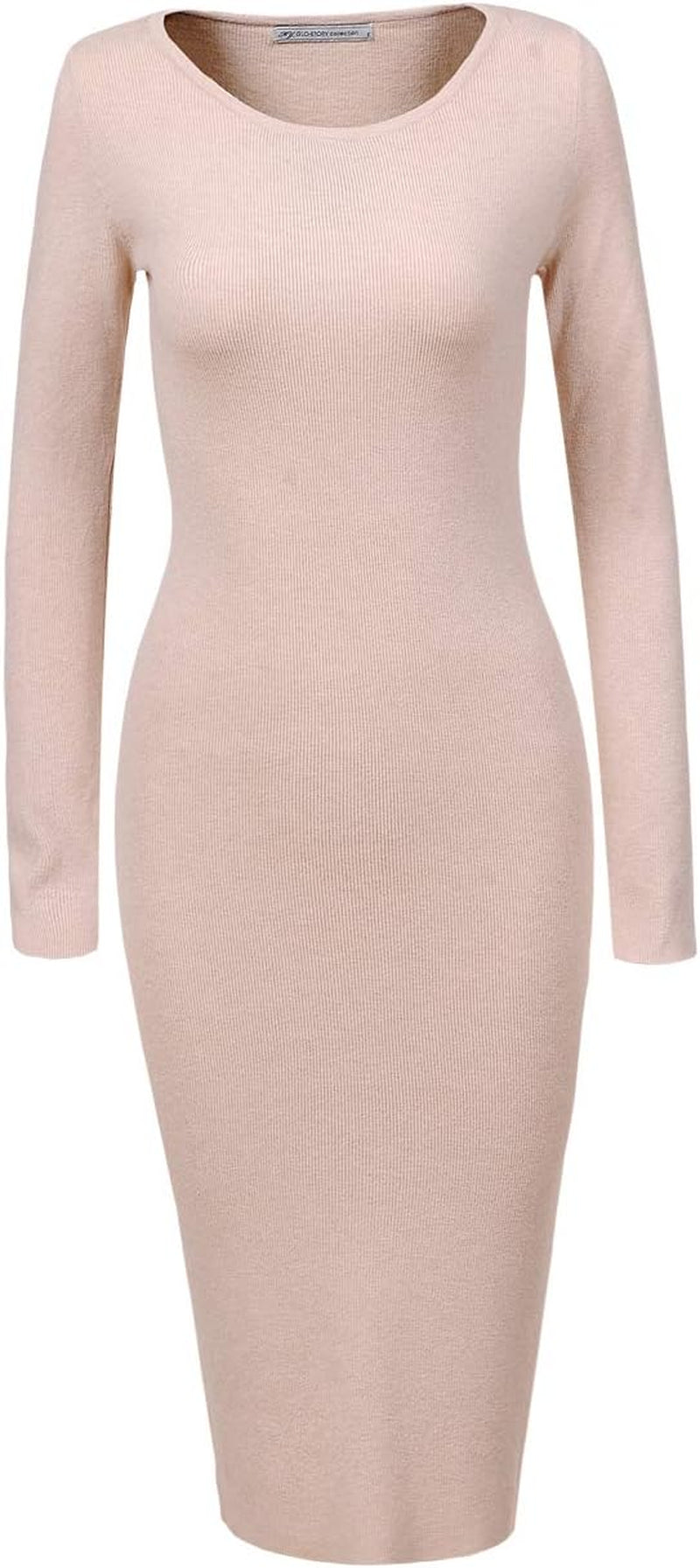 Women'S Knee Length Long Sleeve Knitted Ribbed Screw Neck Bodycon Winter Sweater Dresses 2616