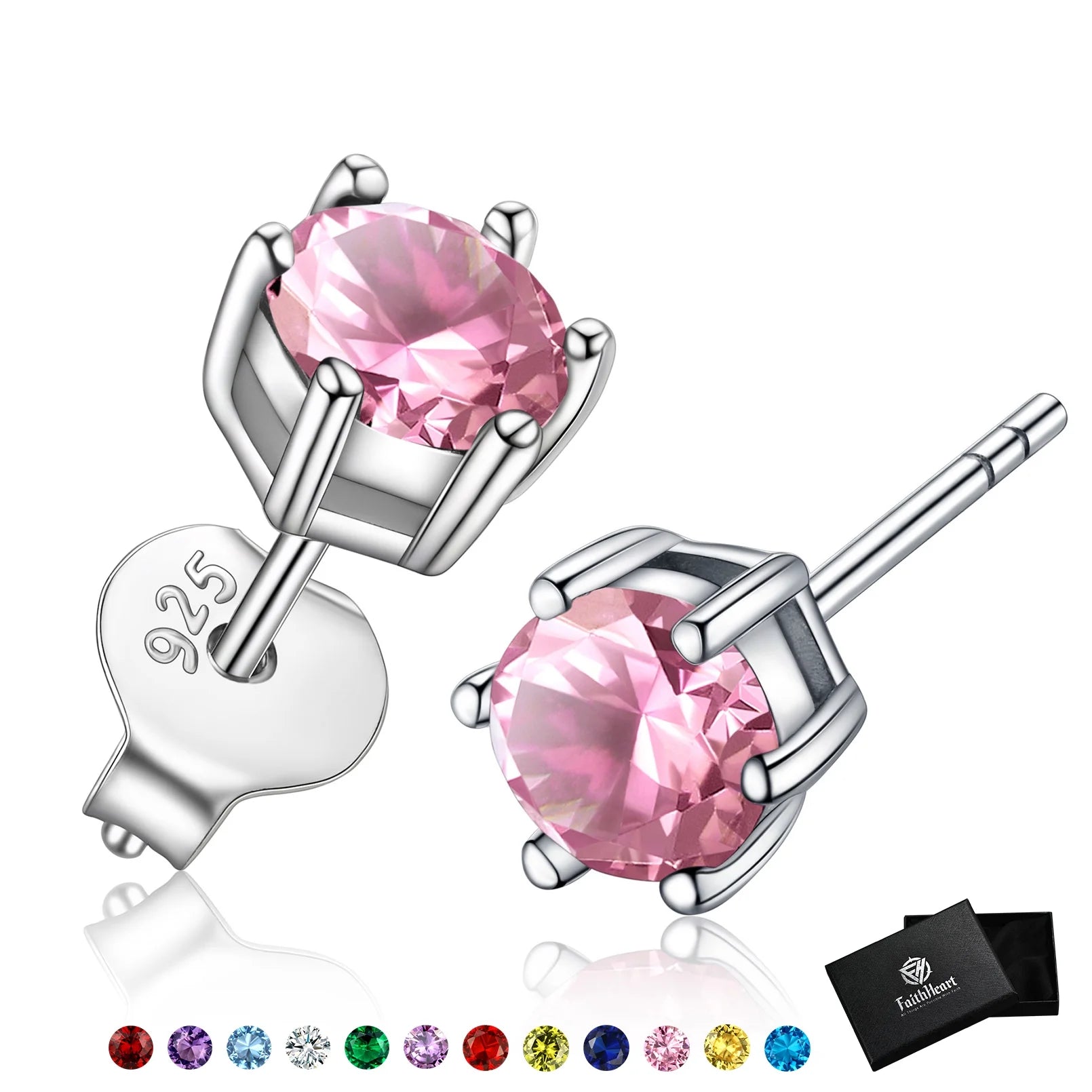 925 Sterling Silver round Stud Earrings for Women October Pink Tourmaline Birthstone Earrings Jewelry Gift for Mother Birthday Christmas