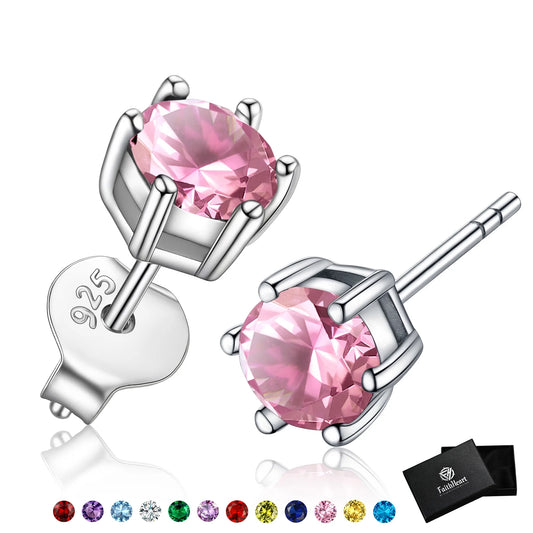925 Sterling Silver round Stud Earrings for Women October Pink Tourmaline Birthstone Earrings Jewelry Gift for Mother Birthday Christmas