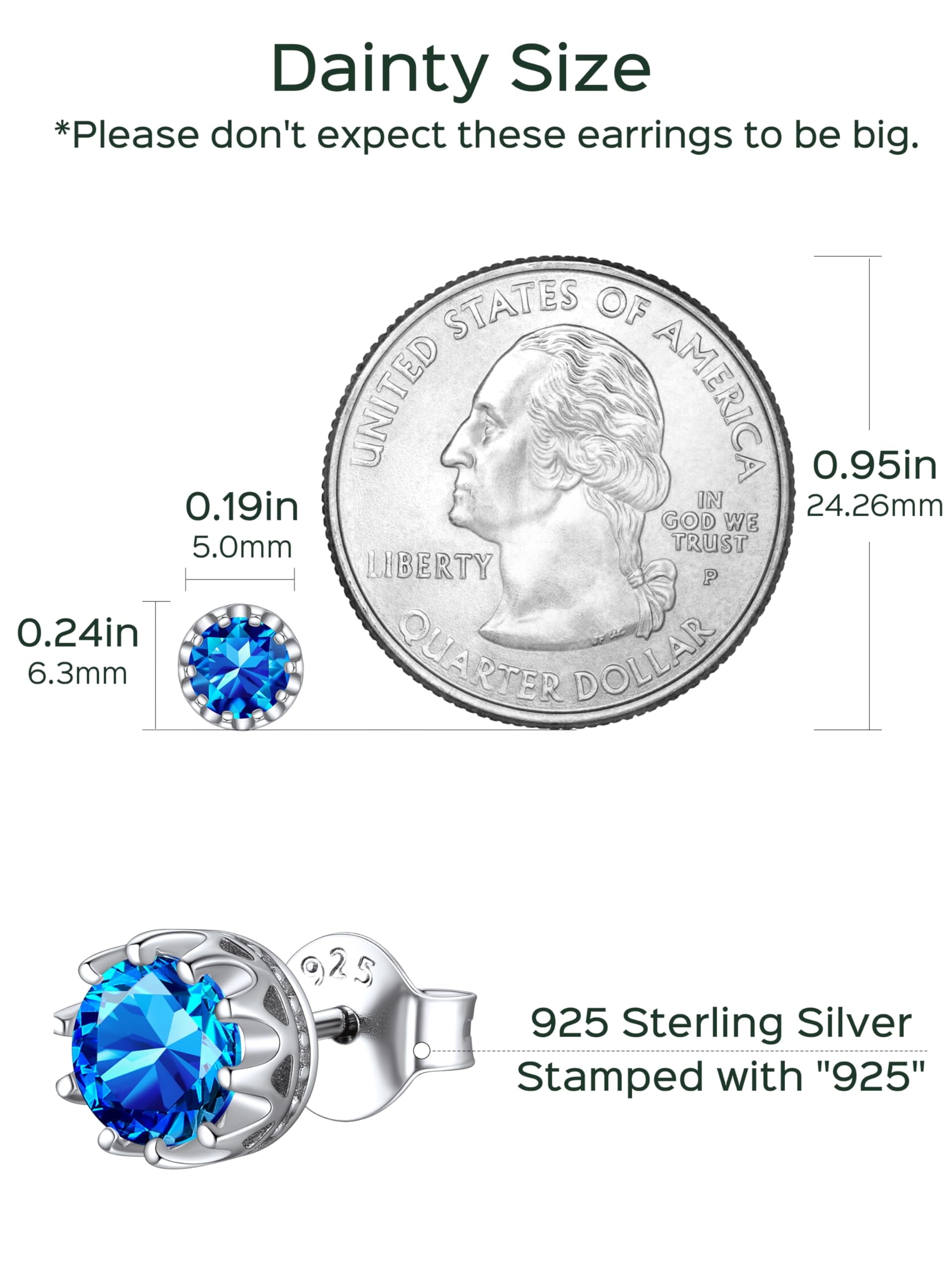 Crown Stud Earrings in Sterling Silver, 5MM December Birthstone Earring Valentine'S Day Gift for Women Ladies