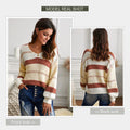 Womens Loose V Neck Sweater Oversized Ladies Color Block Knitted Tops Lantern Sleeve Pullover Shirts M 8-10