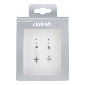 Tween Silver and Rhinestone Cross Earring Set, Stud and Dangle Earrings, 4 Pieces