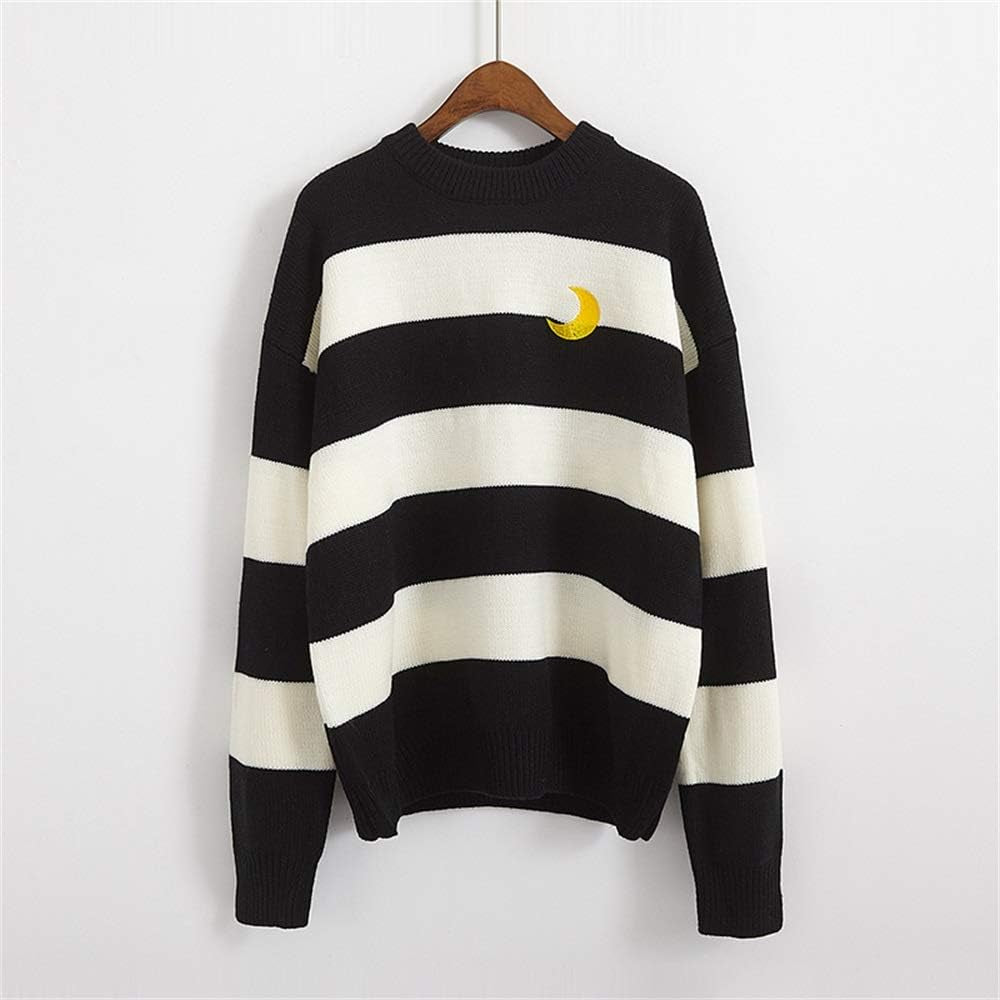 Women Kawaii Ulzzang College Wind Candy Contrast Striped Moon Sweater Clothing