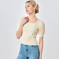 Women'S Short Sleeve Square Collar T-Shirt Puff Sleeve Knit Rib Crop Tops Solid Color Casual Tee