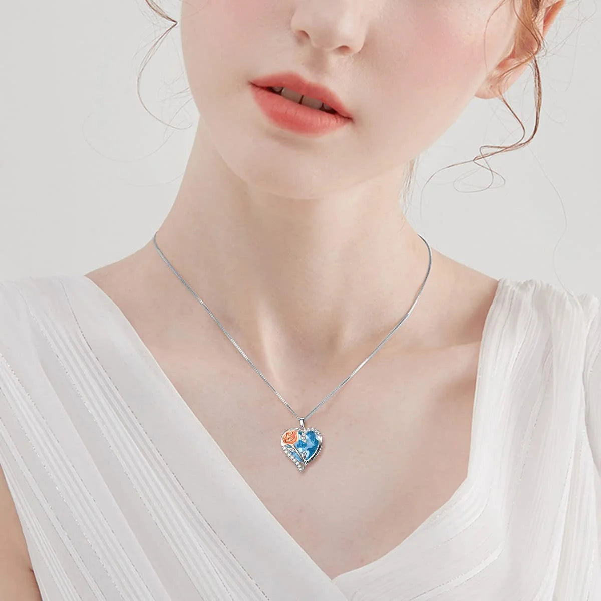 Valentines Day Gifts for Women Sterling Silver Rose Flower Pendant Necklaces with Heart Crystal March Birthstone Necklace Pendant Jewelry Valentines Day Gifts,Created Aquamarine
