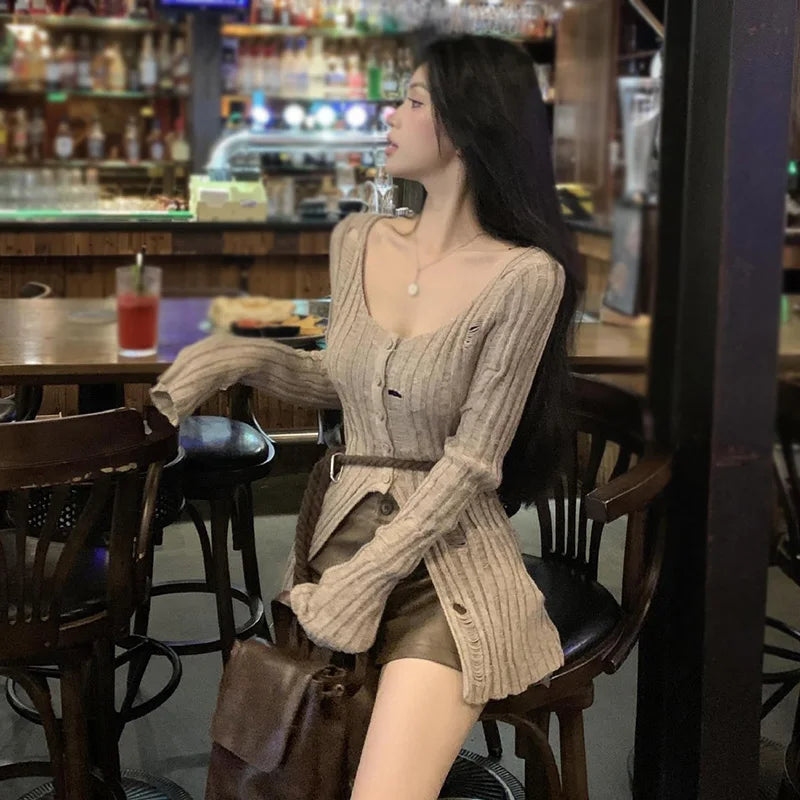 Spring Autumn Women'S Sweater Solid Color Hollow Out Hole Split Slim Leisure Temperament Knitted Long Sleeves Cardigan