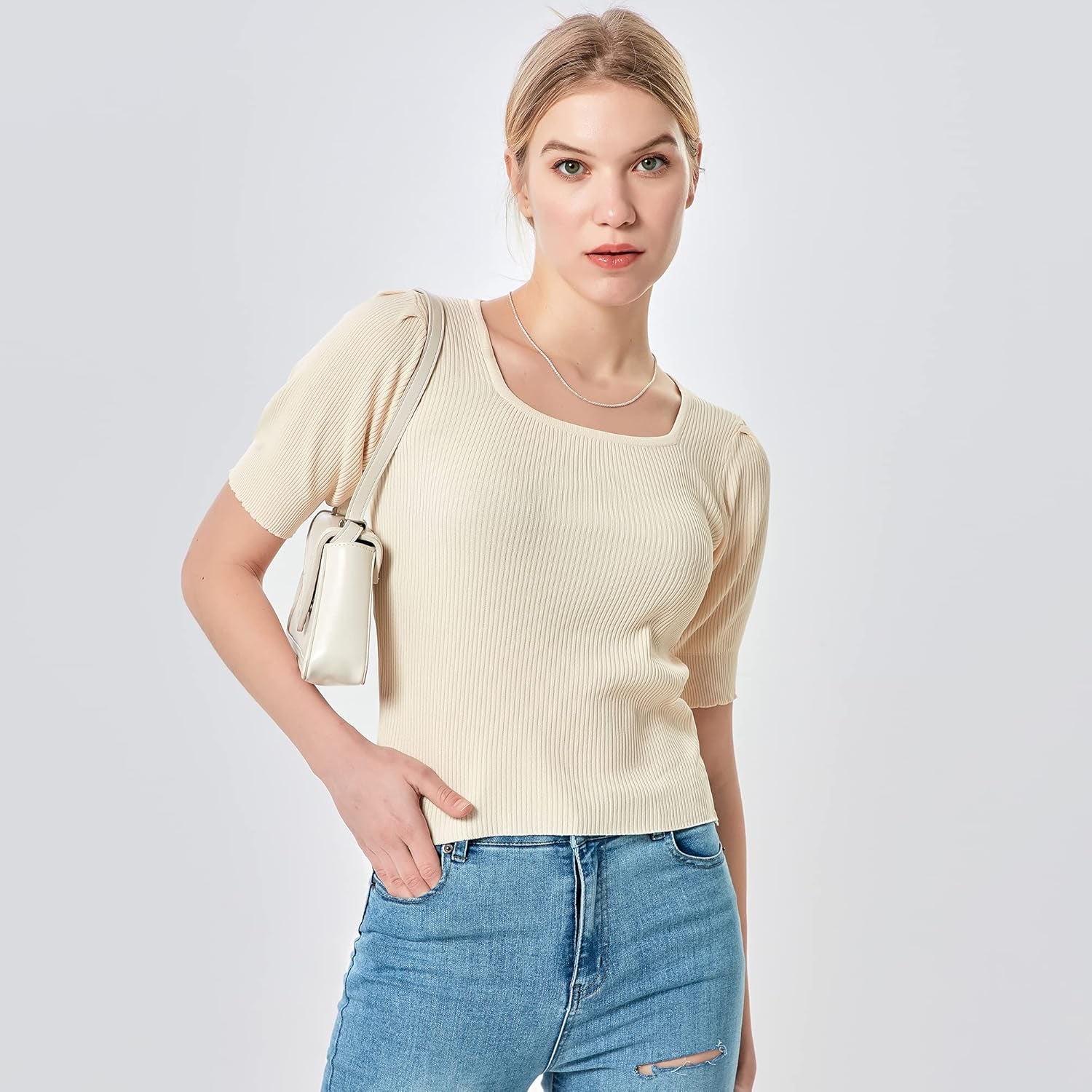 Women'S Short Sleeve Square Collar T-Shirt Puff Sleeve Knit Rib Crop Tops Solid Color Casual Tee