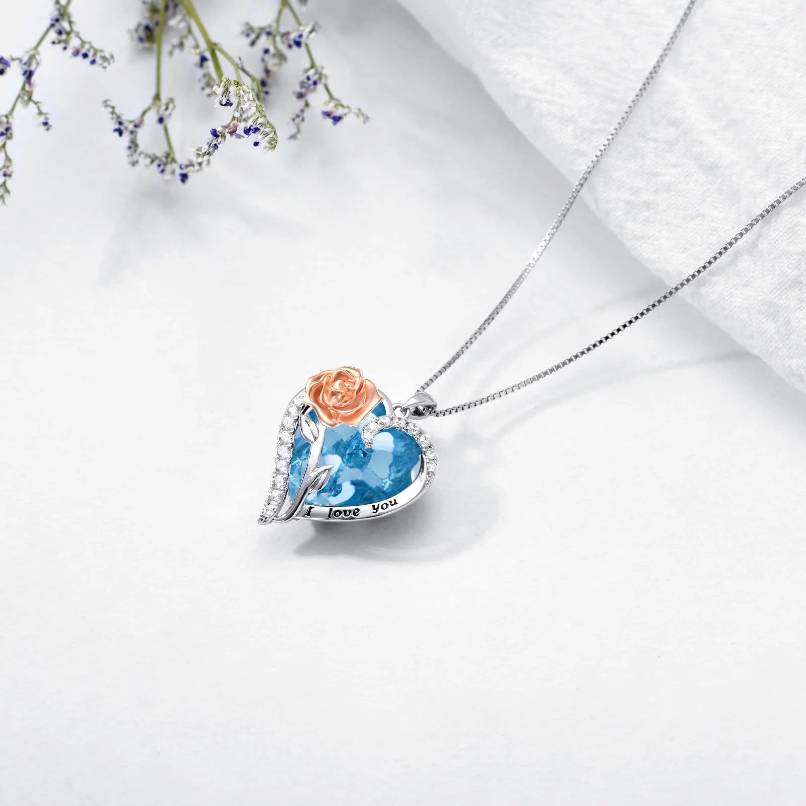 Valentines Day Gifts for Women Sterling Silver Rose Flower Pendant Necklaces with Heart Crystal March Birthstone Necklace Pendant Jewelry Valentines Day Gifts,Created Aquamarine