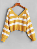 Women'S Double V Neck Striped Sweater Color Block Pullover Cropped Tops Yellow M