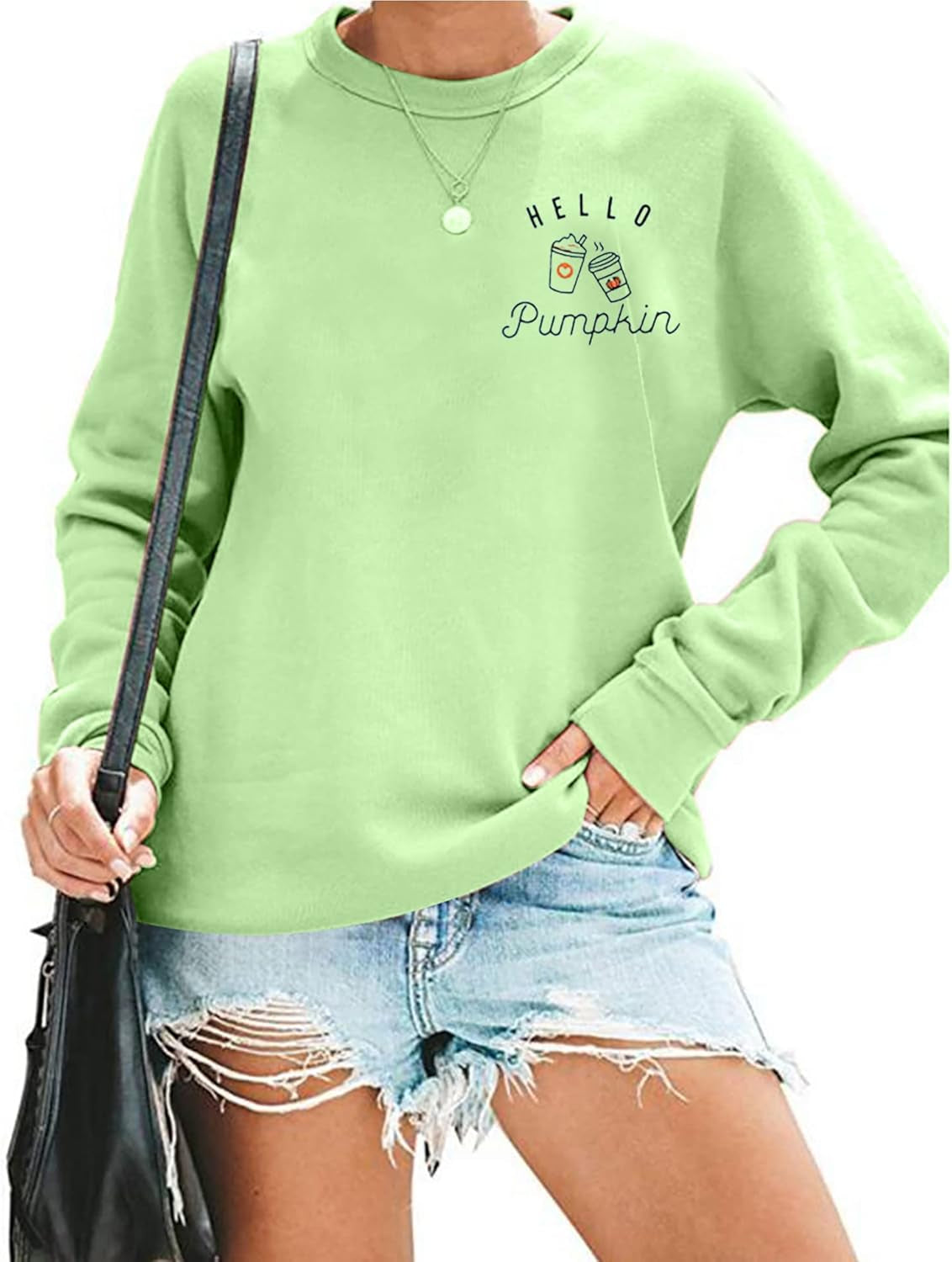 Women Thanksgiving Pumpkin Sweatshirt Solid Color Cute Graphic Sweatshirts Fall Graphic Pullover Tops Tees Light Green