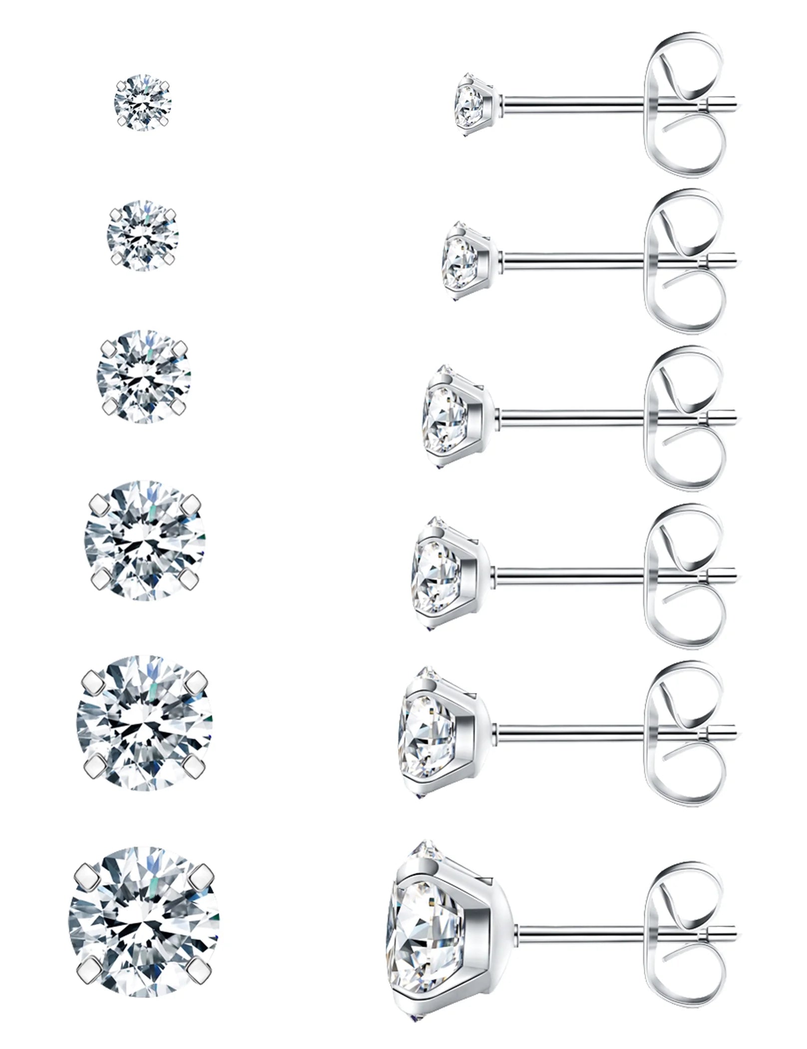6 Pairs Stud Earrings Hypoallergenic Surgical Steel Cubic Zirconia Earrings