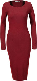 Women'S Knee Length Long Sleeve Knitted Ribbed Screw Neck Bodycon Winter Sweater Dresses 2616