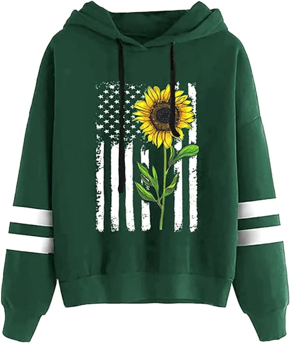 Women Sunflower Print Sweatshirts Color Block Long Sleeve Hoodies Lightweight Drawstring Pullover Tops