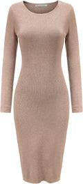 Women'S Knee Length Long Sleeve Knitted Ribbed Screw Neck Bodycon Winter Sweater Dresses 2616