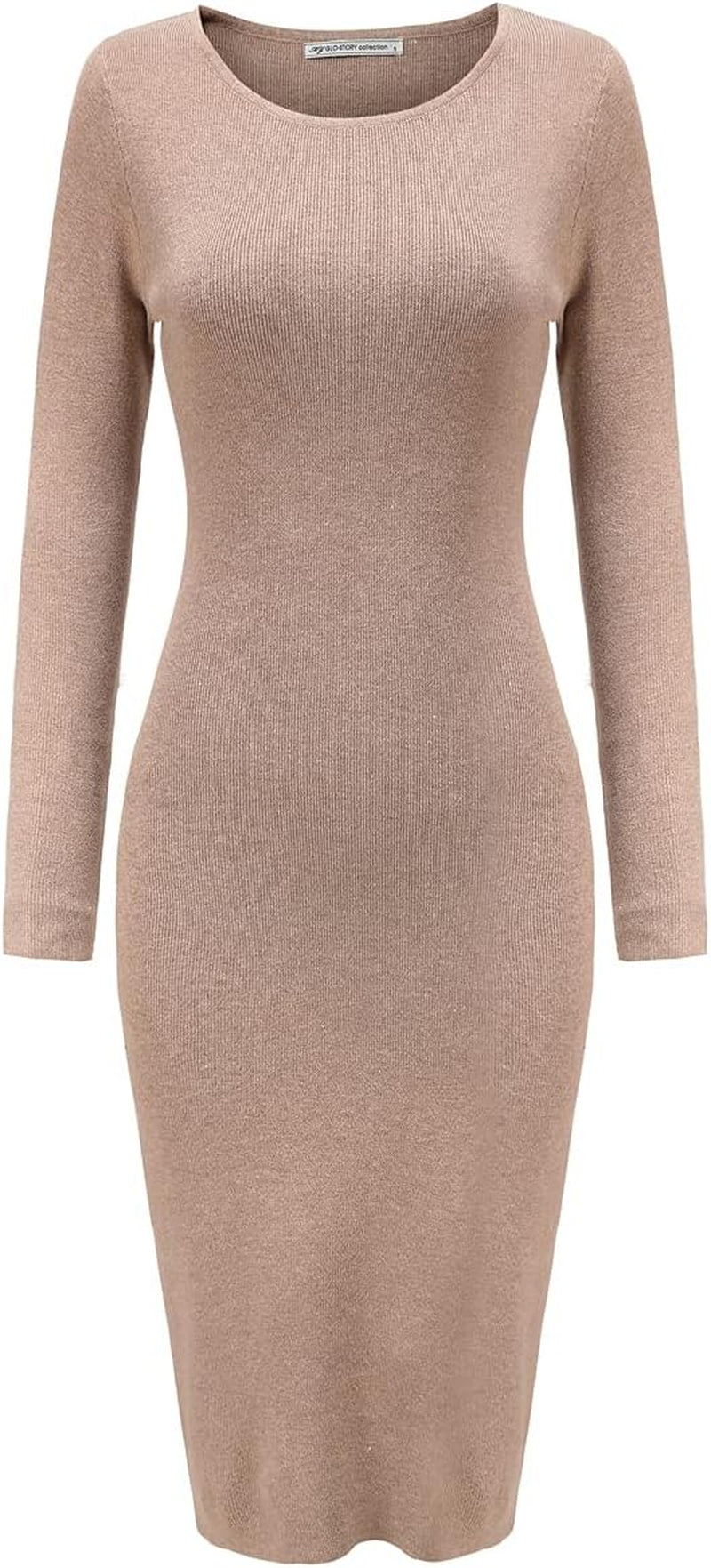 Women'S Knee Length Long Sleeve Knitted Ribbed Screw Neck Bodycon Winter Sweater Dresses 2616