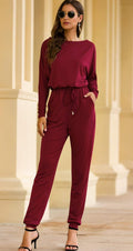 Women'S Boatneck Loose Drawstring Stretched Waist Long Sweat Romper Jumpsuit with Pocket (Wine Red, Large)