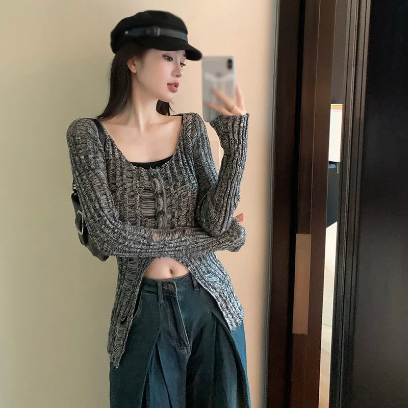 Spring Autumn Women'S Sweater Solid Color Hollow Out Hole Split Slim Leisure Temperament Knitted Long Sleeves Cardigan