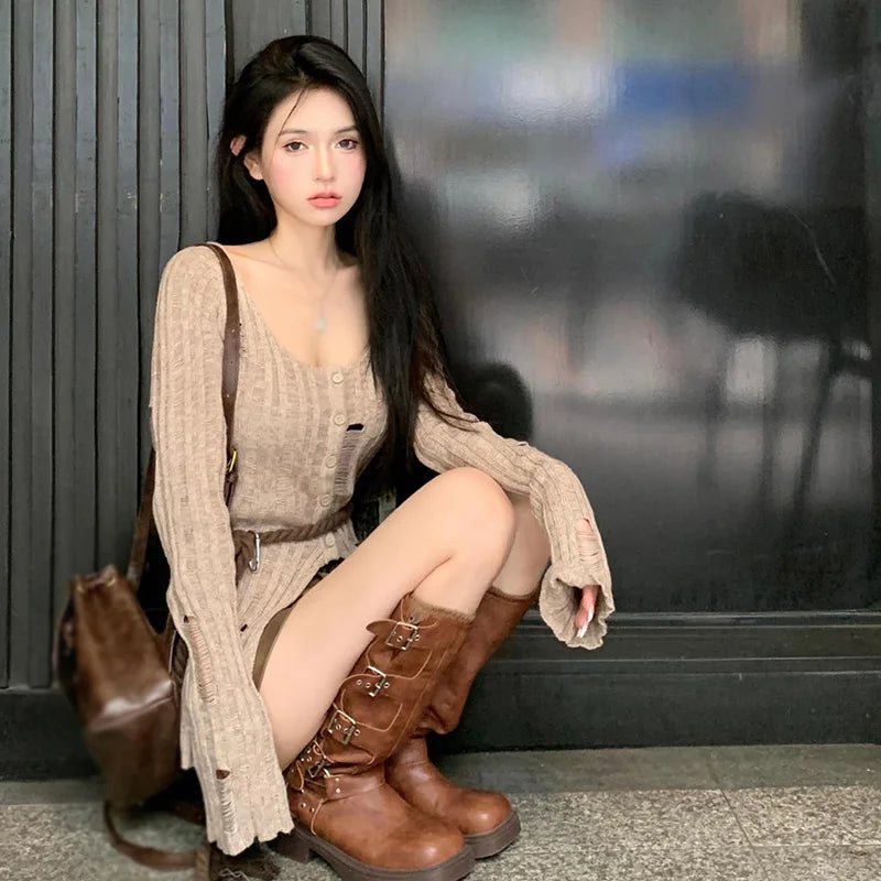 Spring Autumn Women'S Sweater Solid Color Hollow Out Hole Split Slim Leisure Temperament Knitted Long Sleeves Cardigan