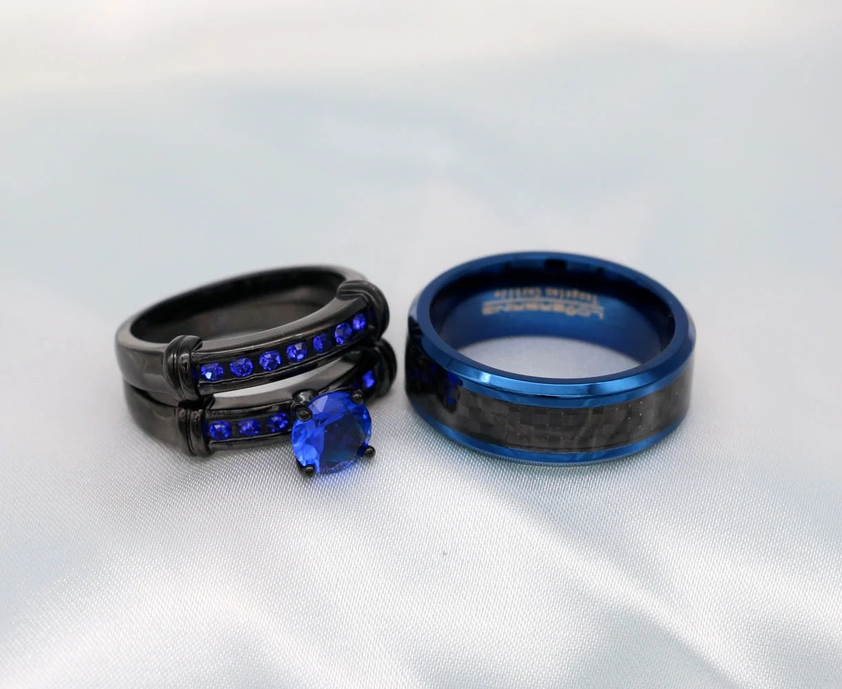 Matching Ring Couple Rings Black Gold Plated 1CT Blue CZ Wedding Ring Sets Male Ring