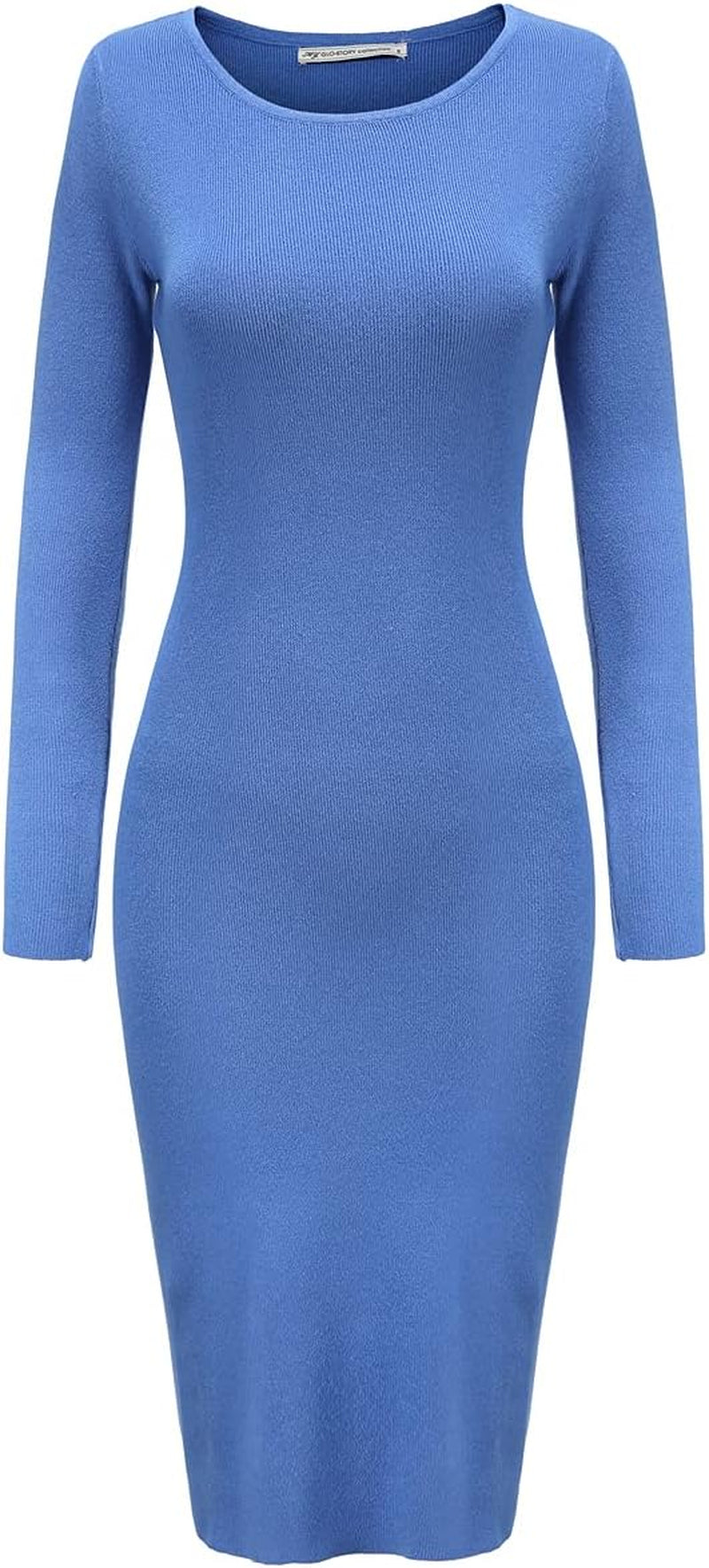 Women'S Knee Length Long Sleeve Knitted Ribbed Screw Neck Bodycon Winter Sweater Dresses 2616