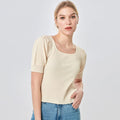 Women'S Short Sleeve Square Collar T-Shirt Puff Sleeve Knit Rib Crop Tops Solid Color Casual Tee