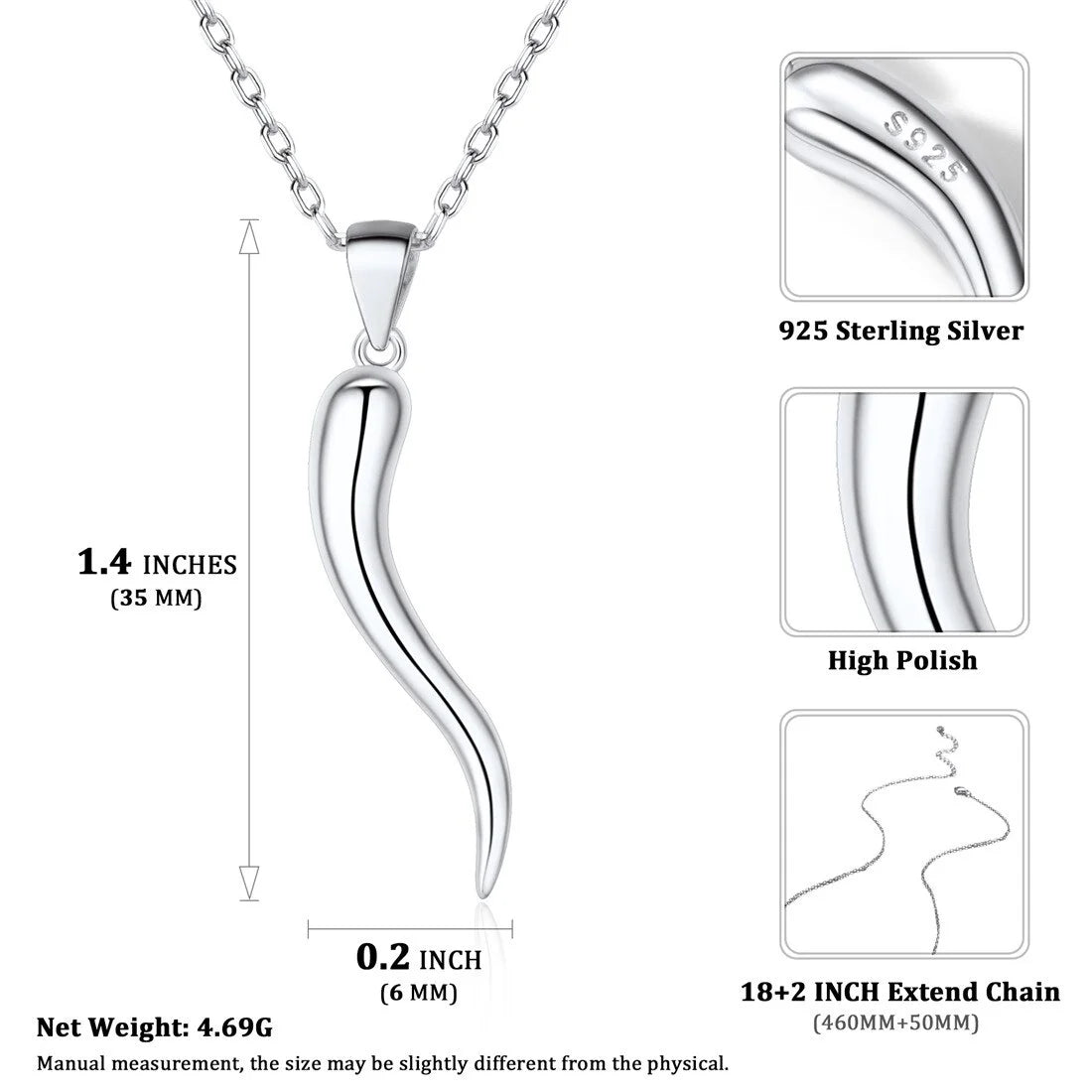 Lucky Italian Horn Pendant Protection Necklace Amulet Jewelry 925 Sterling Silver