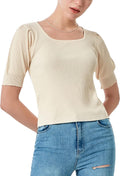 Women'S Short Sleeve Square Collar T-Shirt Puff Sleeve Knit Rib Crop Tops Solid Color Casual Tee