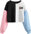 Women'S Letter Print Color Block Crop Sweatshirt Long Sleeve Pullover Tops