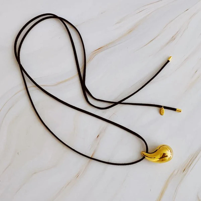 Black Leather Teardrop Necklace