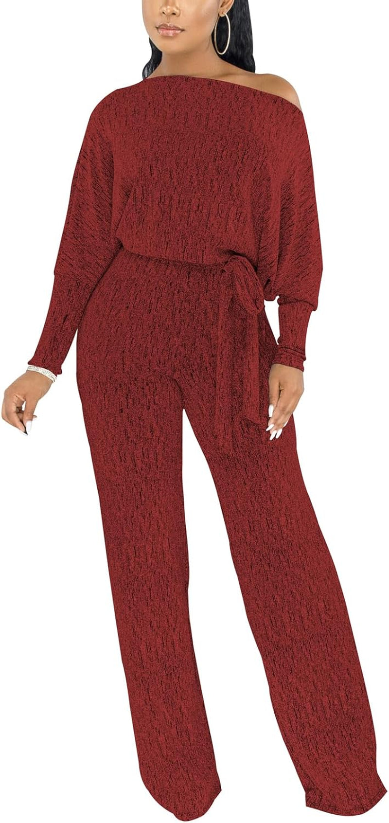 Sexy Sparkly Sequin Jumpsuits for Women Elegant plus Size off Shoulder Long Sleeves Wide Leg Pants Clubwear Rompers,Wine Red