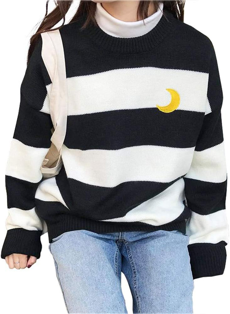 Women Kawaii Ulzzang College Wind Candy Contrast Striped Moon Sweater Clothing