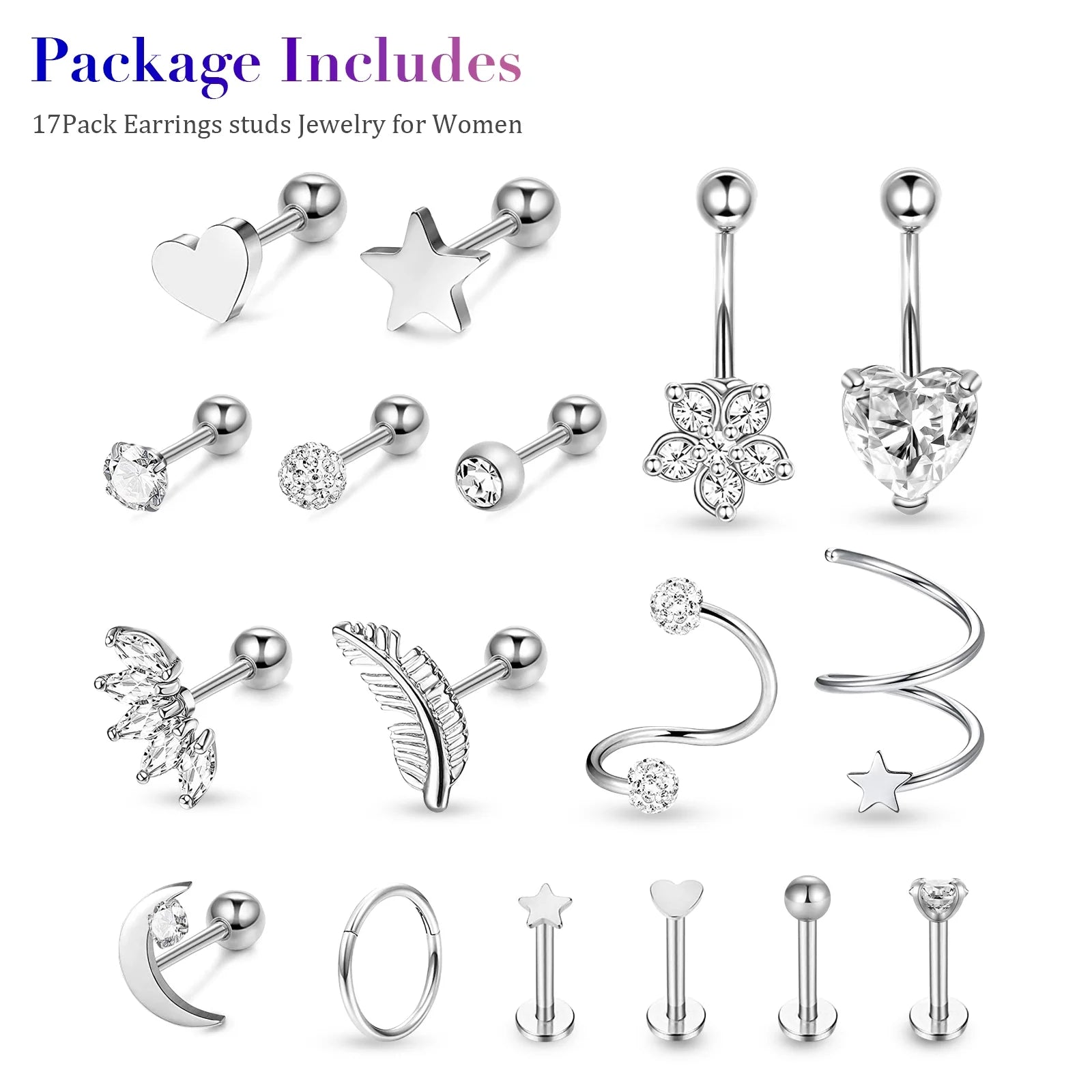 17Pcs Cartilage Hoop Earrings for Women,  16G Surgical Steel Tragus Earrings, Hinged Hoop Rings and Straight Bar Earrings Set, Stud Monroe Lip Rings Studs Rook Conch Earring Hoop Piercing Jewelry