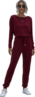 Women'S Boatneck Loose Drawstring Stretched Waist Long Sweat Romper Jumpsuit with Pocket (Wine Red, Large)